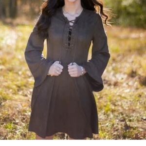 Flattering olive short dress with long, flare sleeves